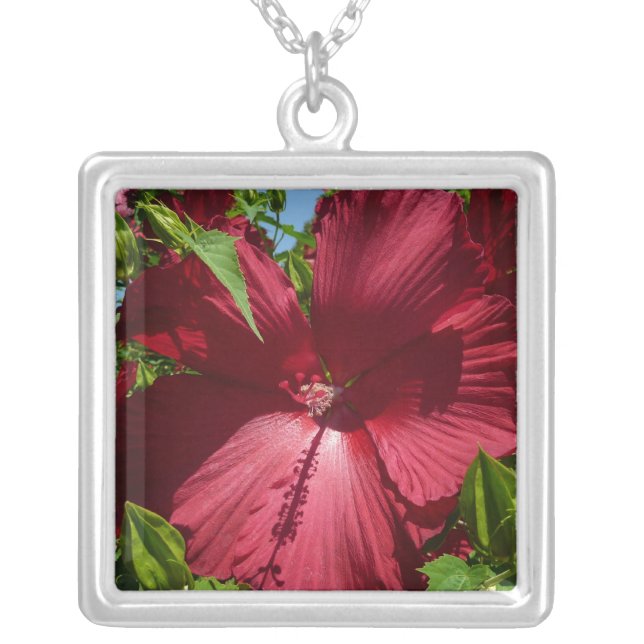 Hibiscus Flower and Blue Sky Silver Plated Necklace (Front)