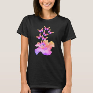 Hibiscus Flower And Colorful Butterflies Abstract T-Shirt