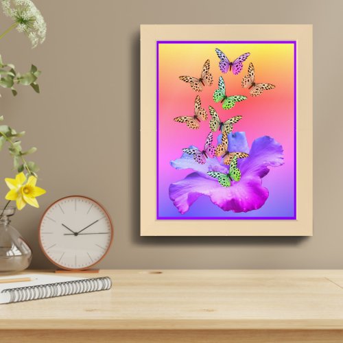 Hibiscus Flower And Colorful Butterflies Framed Framed Art