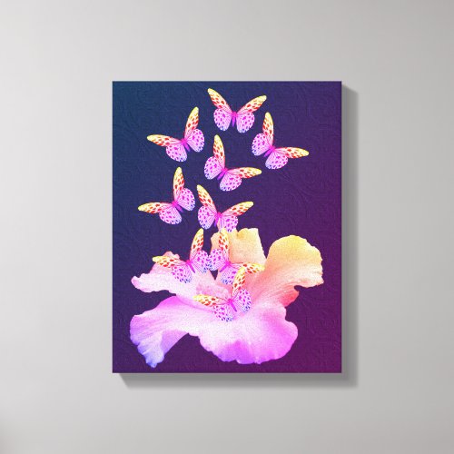 Hibiscus Flower And Colorful Butterflies On Black Canvas Print