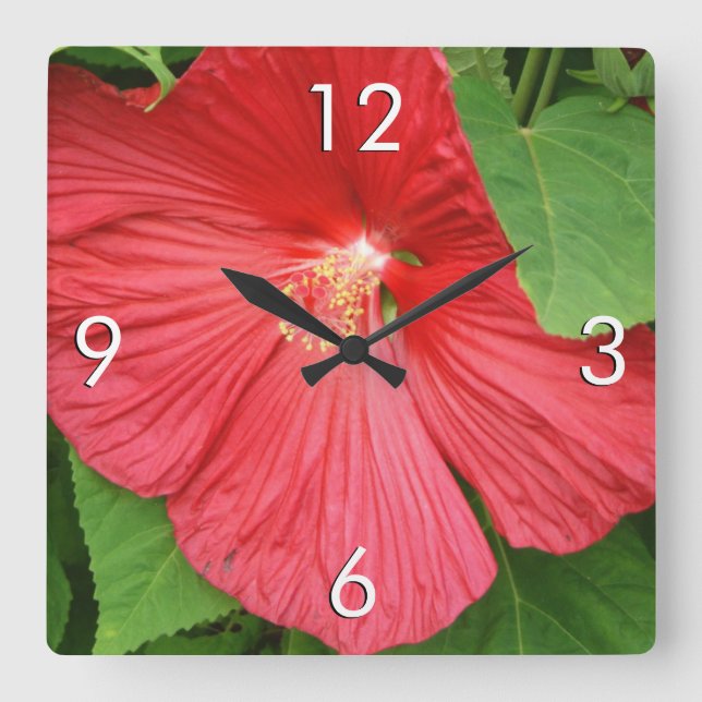 Hibiscus Flower Bright Magenta Floral Square Wall Clock (Front)
