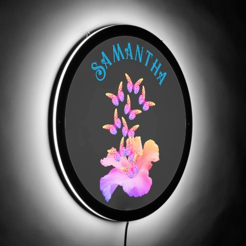 Hibiscus Flower Butterflies Abstract Personalized  LED Sign