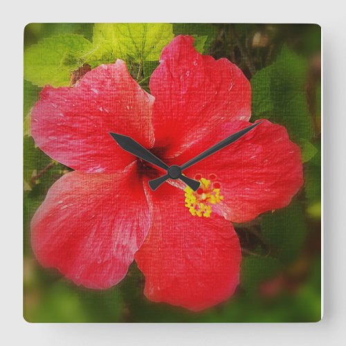 HIBISCUS FLOWER COLORFUL DIGITAL PHOTO SQUARE WALL CLOCK