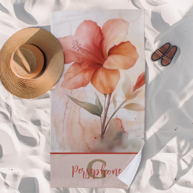 Hibiscus Flower Design with Elegant Monogram Beach Towel (Creator Uploaded)