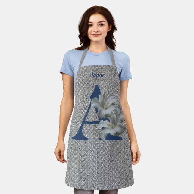 Hibiscus Flower Monogram Initial A Personalized Apron (Worn)