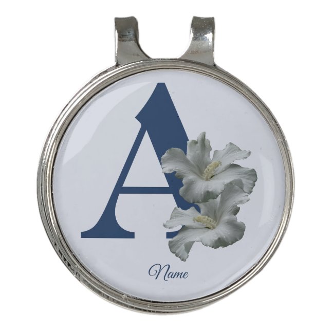Hibiscus Flower Monogram Initial A Personalized Golf Hat Clip (Front)