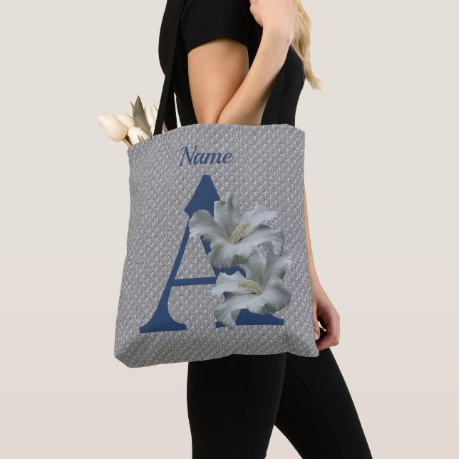 Hibiscus Flower Monogram Initial A Personalized Tote Bag (Close Up)
