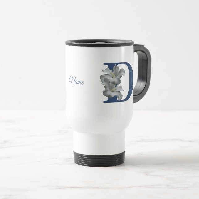 Hibiscus Flower Monogram Initial D Personalized Travel Mug (Front Right)