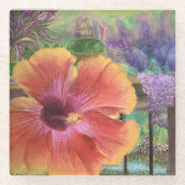 Hibiscus Flower, Oil Painting by Sherry Shedenhelm Glass Coaster (Front)