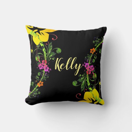 Hibiscus flower tropical floral black yellow pink throw pillow