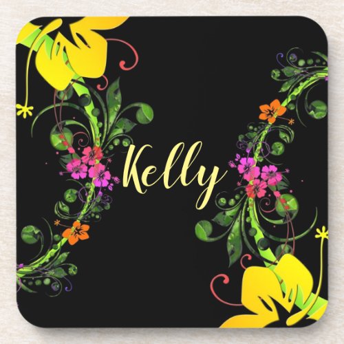 Hibiscus flower tropical floral yellow pink black beverage coaster