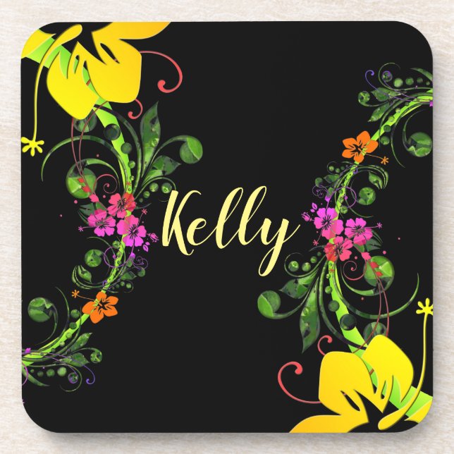 Hibiscus flower tropical floral yellow pink black beverage coaster (Front)