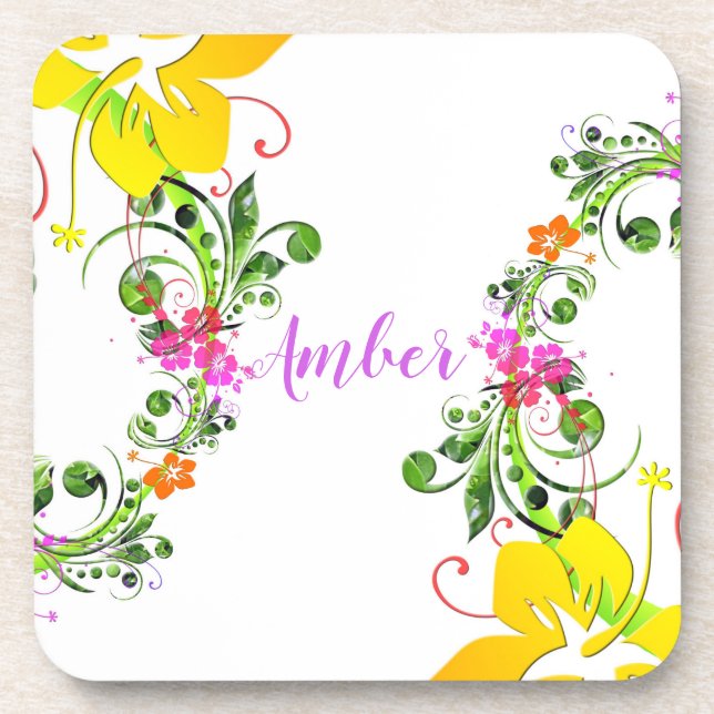 Hibiscus flower tropical summer floral beverage coaster (Front)