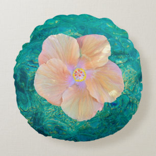 Hibiscus flower turquoise ocean pink floral round pillow