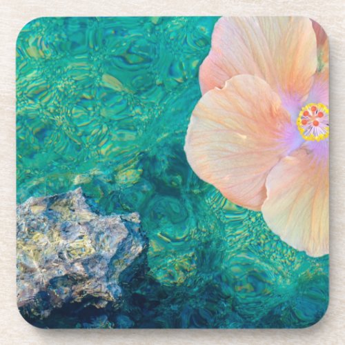 Hibiscus flower turquoise ocean water Hawaiian Beverage Coaster
