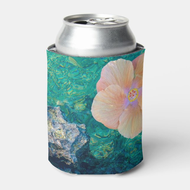 Hibiscus flower turquoise ocean water Hawaiian Can Cooler (Can Front)
