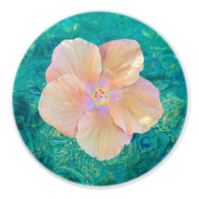 Hibiscus flower turquoise ocean water Hawaiian Ceramic Knob (Front)