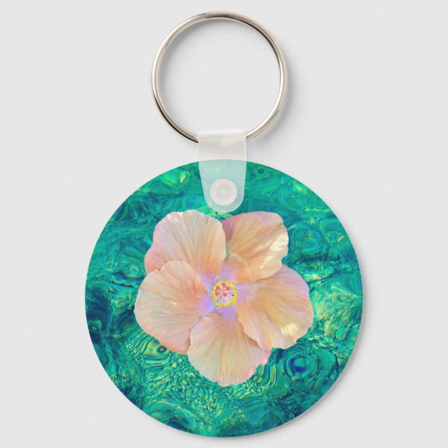 Hibiscus flower turquoise ocean water Hawaiian Keychain (Front)