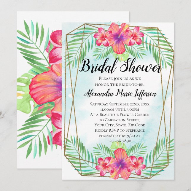 Hibiscus Flower Watercolor Beach Bridal Shower Invitation (Front/Back)