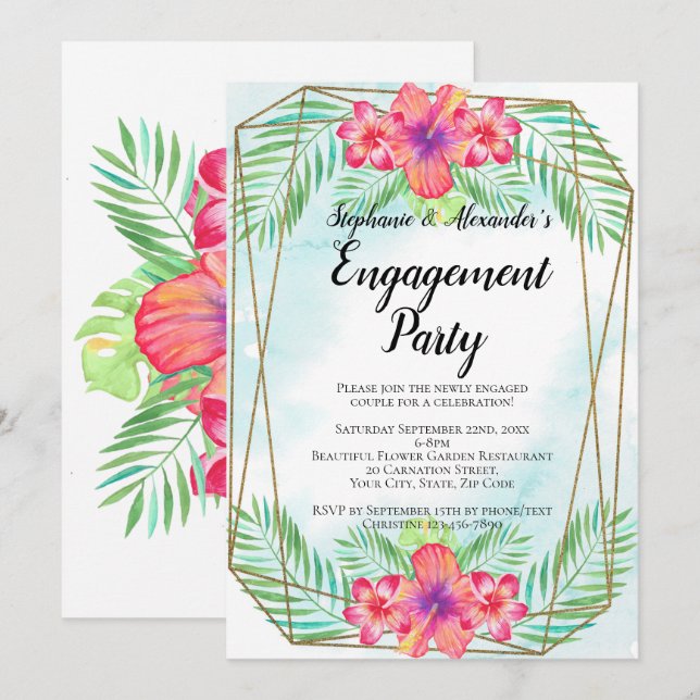 Hibiscus Flower Watercolor Beach Engagement Party Invitation (Front/Back)