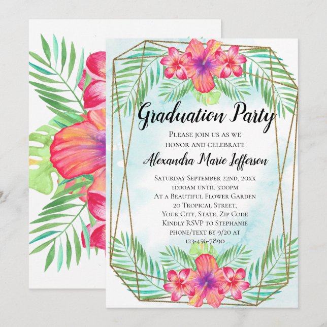 Hibiscus Flower Watercolor Beach Graduation Party Invitation (Front/Back)