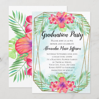 Hibiscus Flower Watercolor Beach Graduation Party Invitation