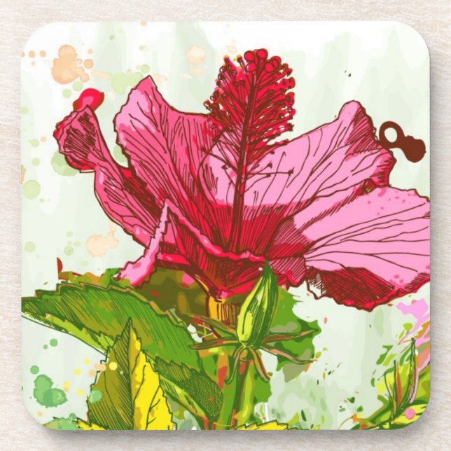 Hibiscus flower - watercolor paint beverage coaster (Front)