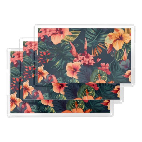 Hibiscus Flowers A Tropical Floral Pattern Acrylic Tray