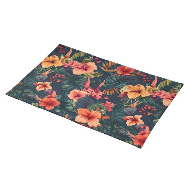 Hibiscus Flowers, A Tropical Floral Pattern Cloth Placemat (On Table)