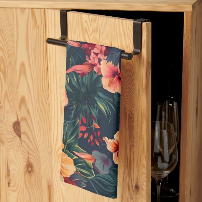 Hibiscus Flowers, A Tropical Floral Pattern Kitchen Towel (Thirds Fold)