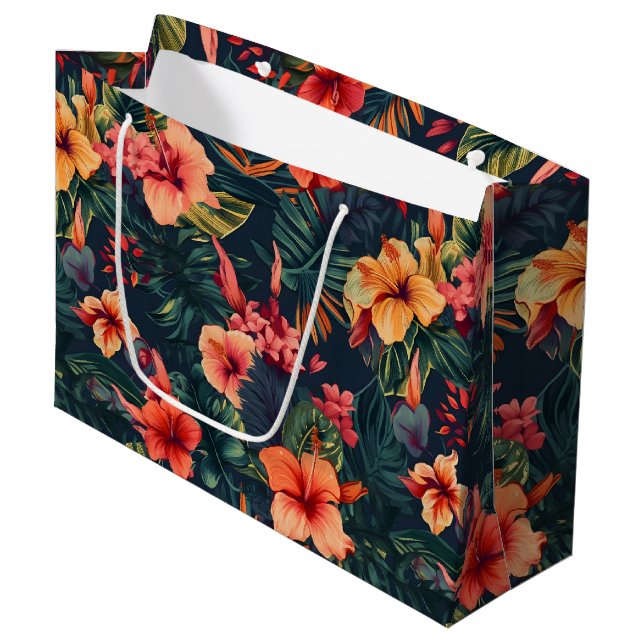 Hibiscus Flowers, A Tropical Floral Pattern Large Gift Bag (Front Angled)