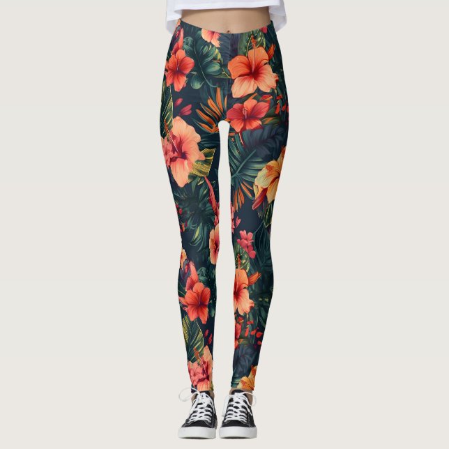 Hibiscus Flowers, A Tropical Floral Pattern Leggings (Front)