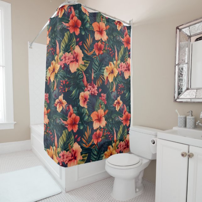 Hibiscus Flowers, A Tropical Floral Pattern Shower Curtain (In Situ)
