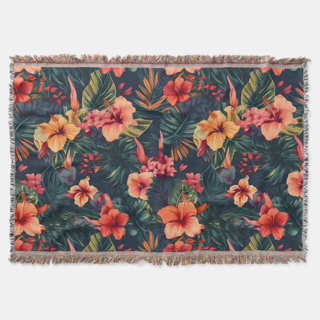 Hibiscus Flowers, A Tropical Floral Pattern Throw Blanket (Front)