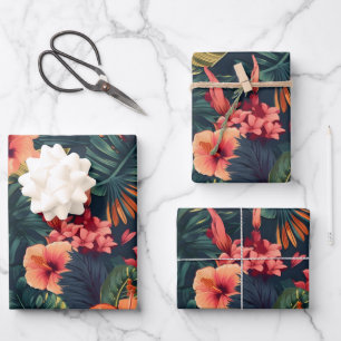 Hibiscus Flowers, A Tropical Floral Pattern Wrapping Paper Sheets