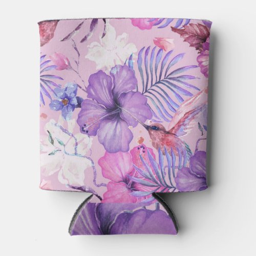 Hibiscus flowers and hummingbird purple seamless  can cooler