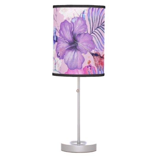 Hibiscus flowers and hummingbird: purple seamless table lamp (Front)