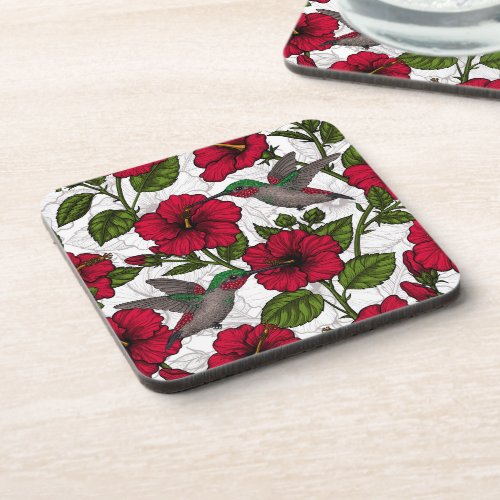 Hibiscus flowers and hummingbirds beverage coaster