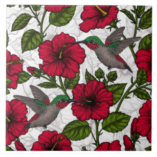 Hibiscus flowers and hummingbirds ceramic tile