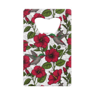 Hibiscus flowers and hummingbirds credit card bottle opener
