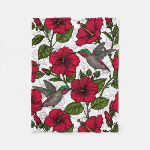 Hibiscus flowers and hummingbirds fleece blanket