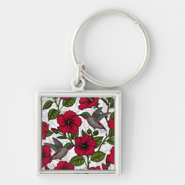 Hibiscus flowers and hummingbirds keychain (Front)