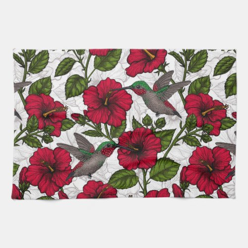 Hibiscus flowers and hummingbirds kitchen towel