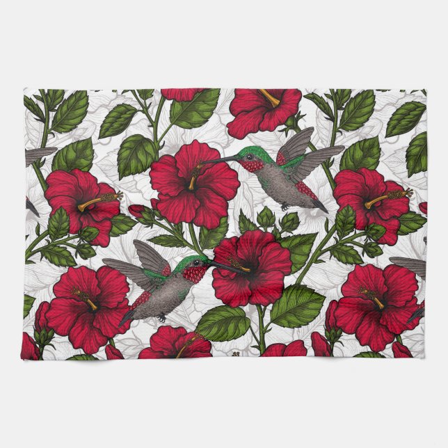 Hibiscus flowers and hummingbirds kitchen towel (Horizontal)