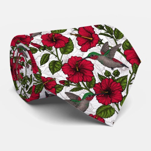 Hibiscus flowers and hummingbirds neck tie