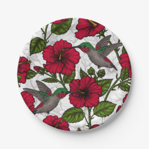 Hibiscus flowers and hummingbirds paper plates