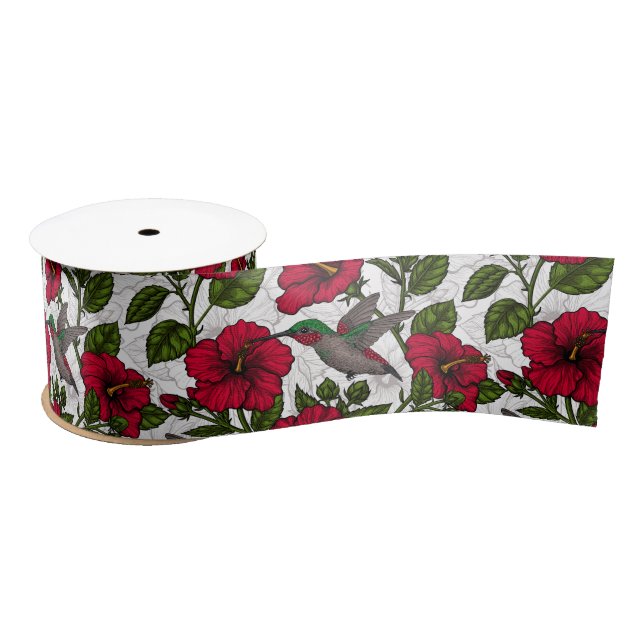 Hibiscus flowers and hummingbirds satin ribbon (Spool)