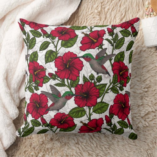 Hibiscus flowers and hummingbirds throw pillow