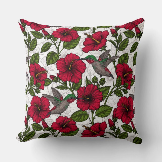 Hibiscus flowers and hummingbirds throw pillow (Front)