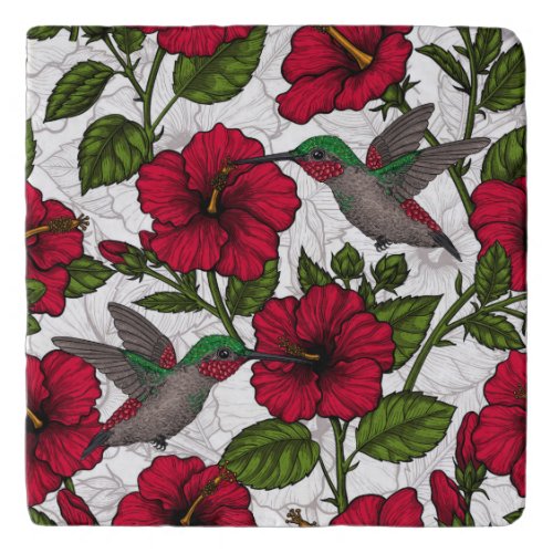 Hibiscus flowers and hummingbirds trivet